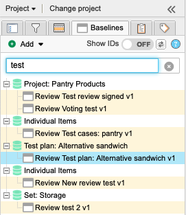 Baseline tab shows text in the search field; all baselines and sources are listed and those matching the search string are highlighted.