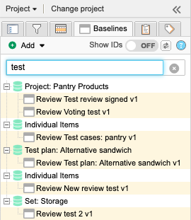 Baseline tab shows text in the search string and the results highlighted in the list of baselines.