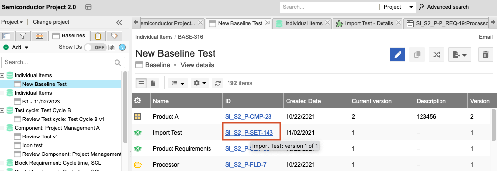 A baseline is selected in the Explorer Tree and in the details panel an item's ID link is selected.