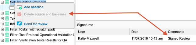 List of baselines shows a selected baseline and that the submenu option, Delete source and baselines, is unavailable because it is a signed review.