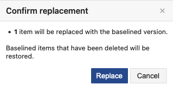 Confirmation message lists what will be replaced and includes a Replace button.