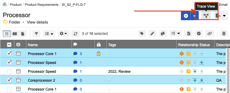 Details panel shows a list of selected items and the Trace View icon selected.