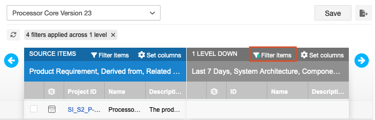 The Trace View UI displays a message below the name, with the results of running the filter. The Filter items button at the top of the right column includes a blue dot to indicate selected filters.