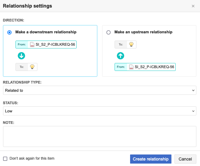 The Relationship settings window shows that the Make a downstream relationship option is selected along with the Create relationship button.