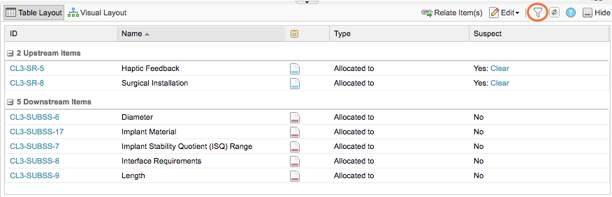 The bottom panel lists upstream and downstream items and the filter icon is highlighted.