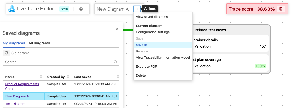 In the Live Trace Explorer UI, the Actions menu shows the View saved diagrams option is selected and the list of options below.