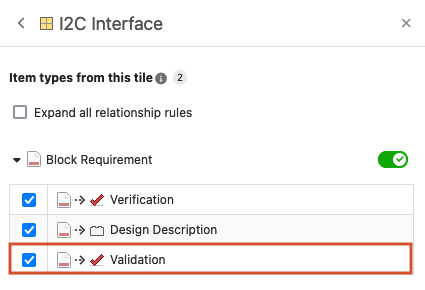 The blue checkbox is selected for three relationship rules, meaning they are turned on.