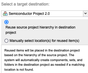 The target destination panel shows the selected option is Reuse source project hierarchy in destination project.