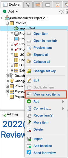 The project tree shows an item selected in a project and the option that is highlighted is View synced items.