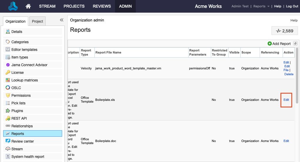 The Explorer Tree shows Reports selected on the Organization tab.