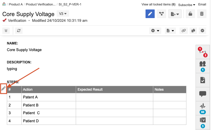 An example test case with the edit menu in the top right circled, and the pencil icon next to the steps field circled.