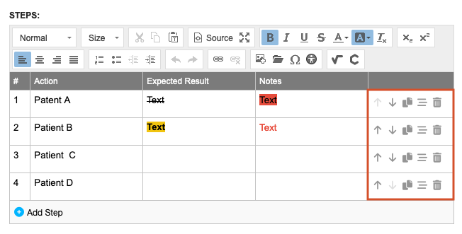 Under Steps, the steps are listed in a table form, and the action buttons are highlighted.