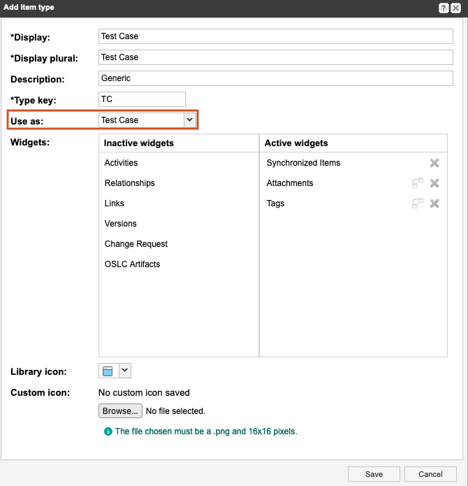 Add item type window shows Test Case selected from the drop-down list for the Use as option.