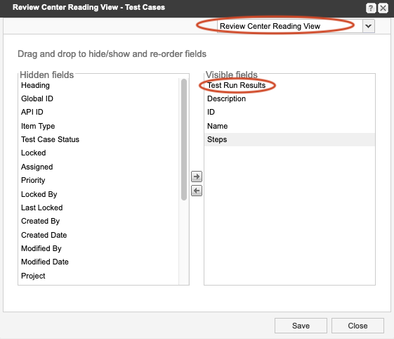 Review Center Reading View - Test Cases window shows Review Center Reader View selected in the drop-down list and Rest Run Results circled under Visible fields.