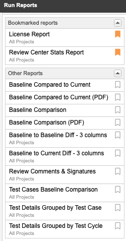 The Run Reports list displays all default and custom reports; bookmarked reports are at the top of the list.