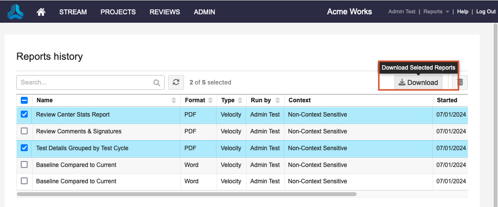 In the Reports history window, two reports are selected and the Download button is selected.