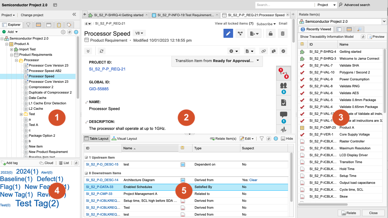 Five areas of the Jama Connect workspace.