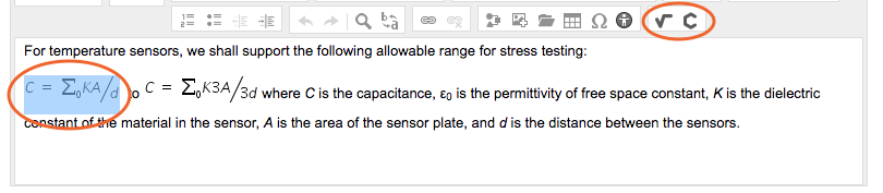 Use the icon for Math or Chemistry editor to add an equation or formula. To edit an existing equation or formula, highlight or select it to open the right editor.