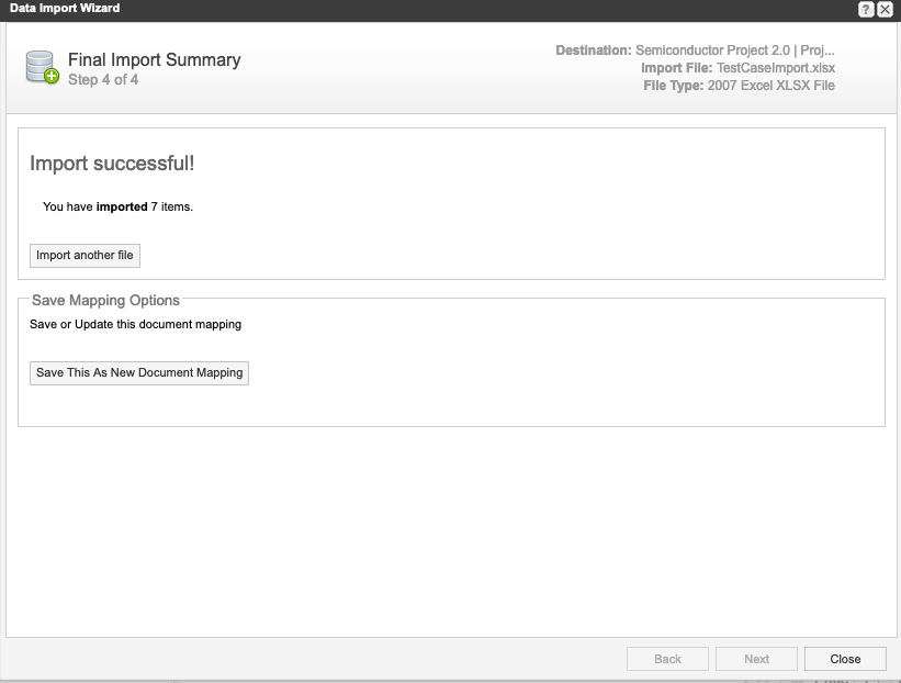 Data Import Wizard Step 4 of 4: Import Summary.