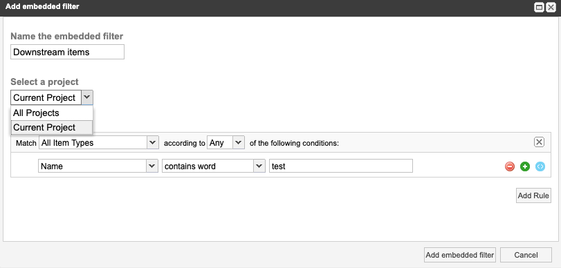 Example of options for Add embedded filter window.