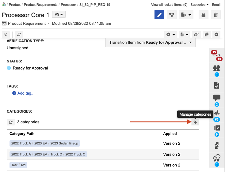 Select Manage categories from Single Item View.