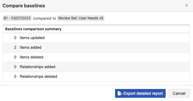 Baseline comparison summary shows changes between two baselines and the Export detailed report button is highlighted.