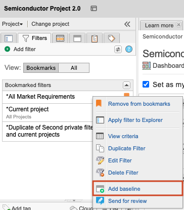 The Filters tab shows a selected filter and the Add baseline option selected.