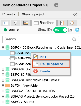 The Baselines tab shows a selected baseline and the submenu option Reuse baseline.