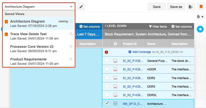 Trace View UI shows a list of saved viewed.