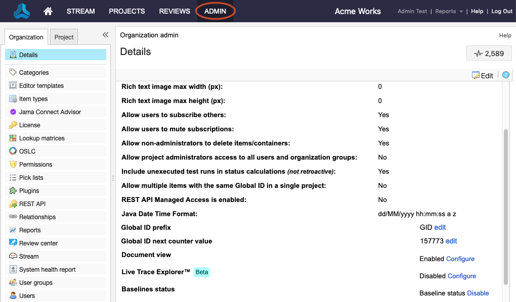 The UI shows Admin > Organization > Details options selected.