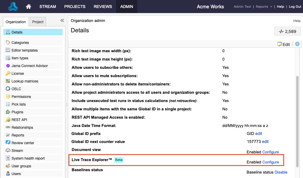 The Details panel shows Live Trace Explorer selected and its status is Enabled.