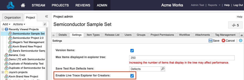 The details panel for the selected project shows Enable Live Trace Explorer for Creators is selected and a note has been added.