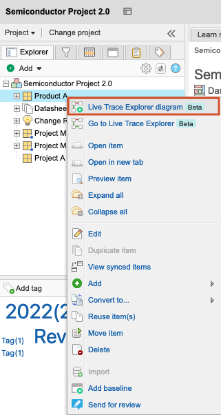 The project tree shows a selected project and the option Live Trace Explorer diagram is selected.