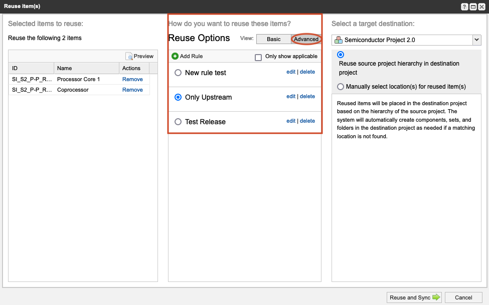 The Reuse Items window highlights the Reuse Options panel, showing the Advanced tab with Only Upstream selected.