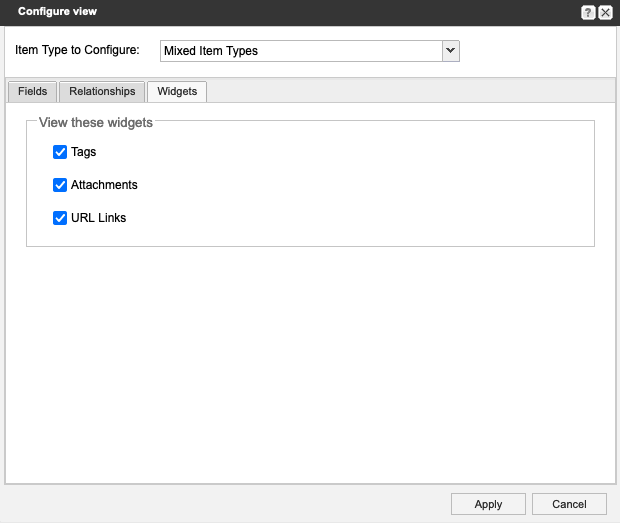 The Configure view window shows Mixed Item Types is selected from the drop-down menu, the Widgets tab is selected, and the View specific related items option is selected.