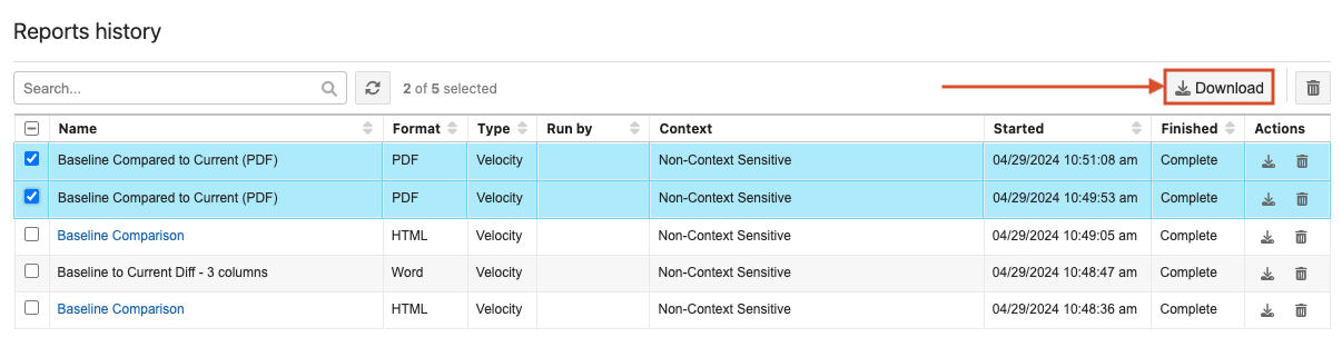 In the Reports history window, two reports are selected and the Downloads button is also selected.