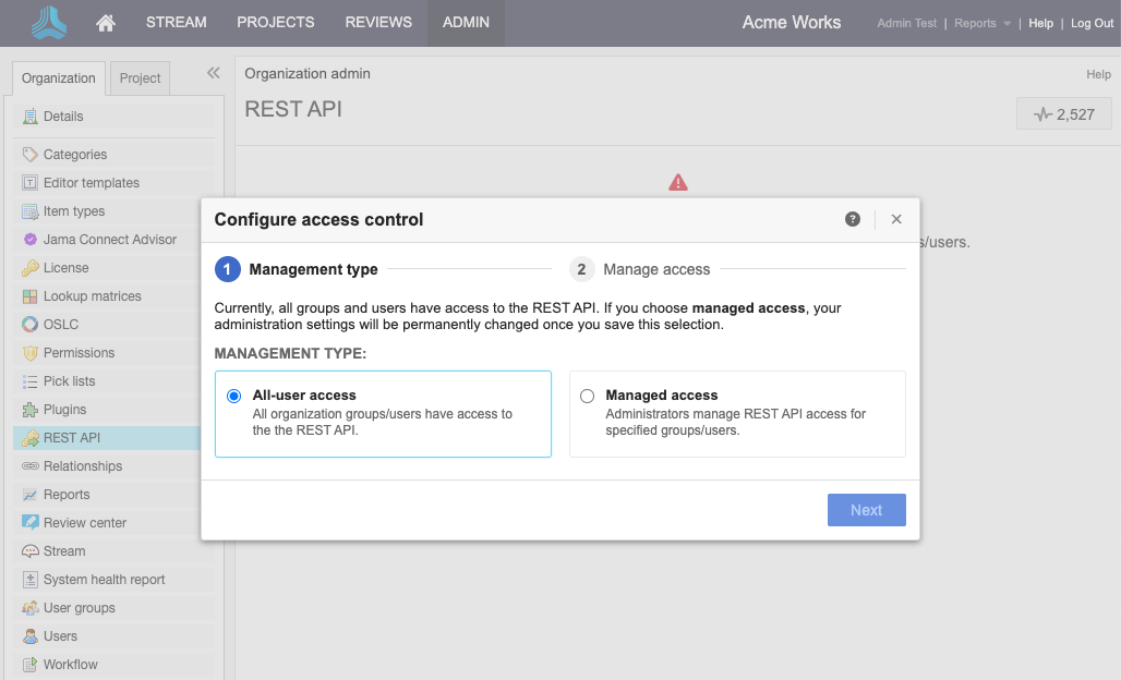 The Configure access control wizard includes options for Management type: All-user access and Managed access.