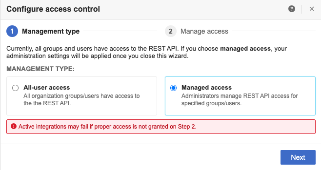 The Configure access control wizard shows Managed access as the selected Management type.