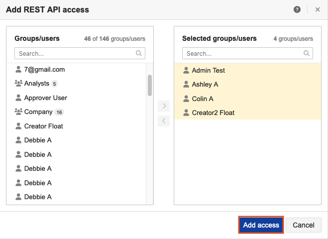 The Add REST API access window shows that the Add Access button is selected.