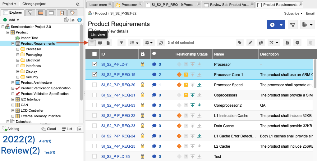 List View is accessed from the toolbar of the center details panel.