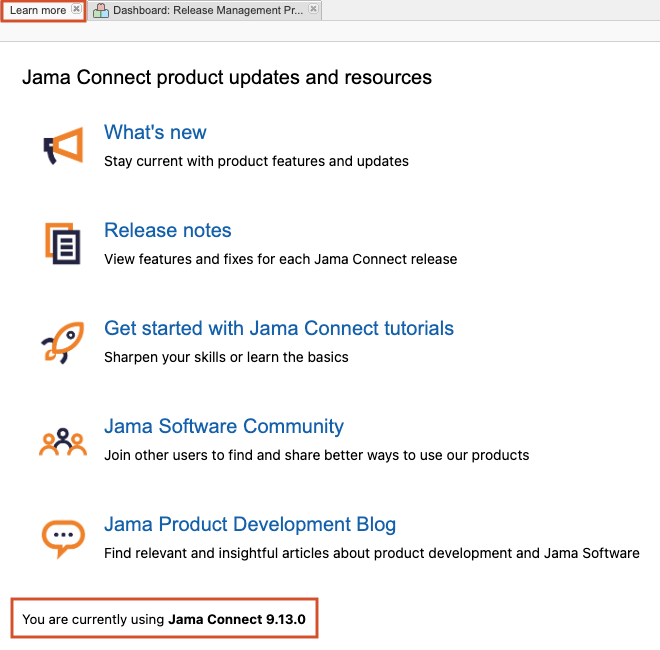 The version of Jama Connect appears at the bottom of the Learn more page.