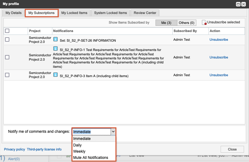 Select if and when you want to be notified about subscription comments and changes.