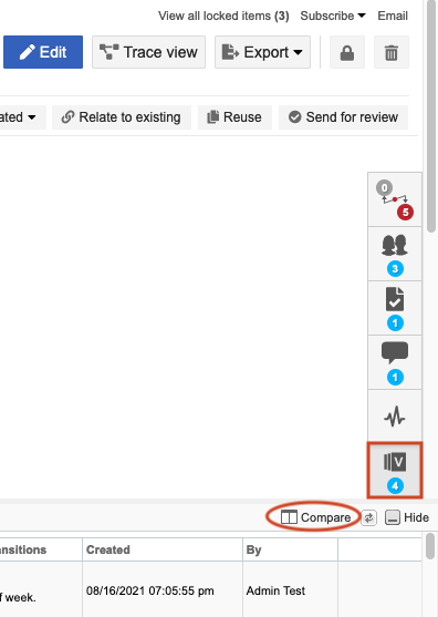 Select the Versions widget in the side toolbar to compare changes between versions