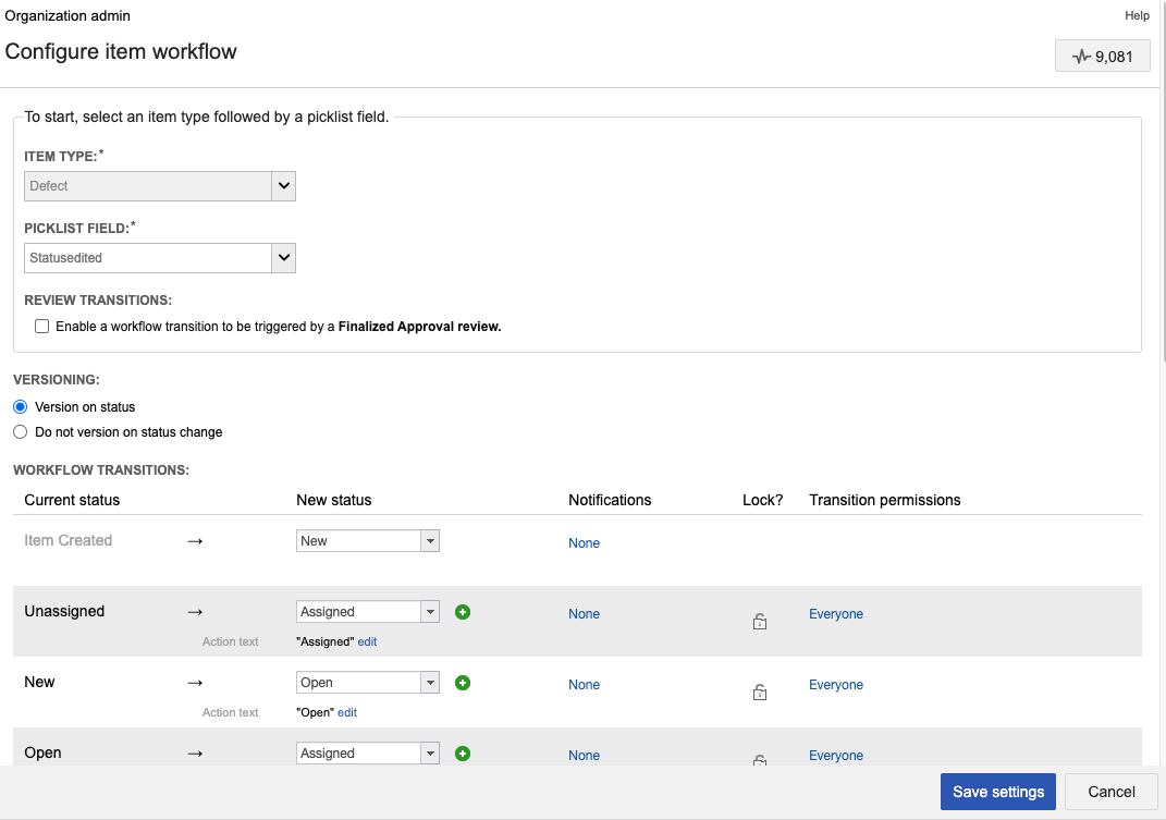 Configure workflow status transitions by selecting item types and their fields.