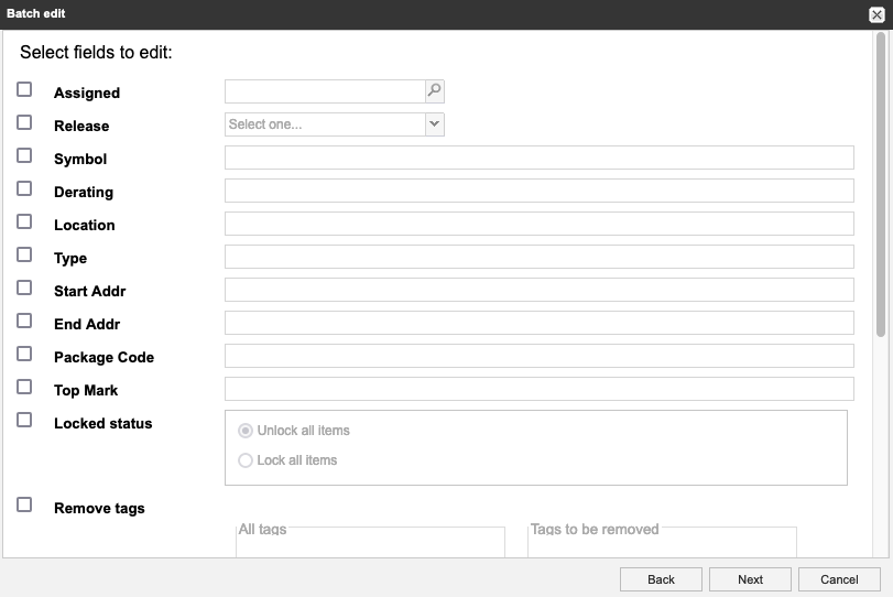 In the Batch edit window, make changes for multiple items by criteria