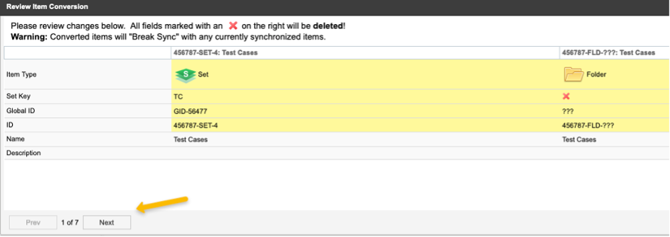 Select Next on each page of the Review Item Conversion window.