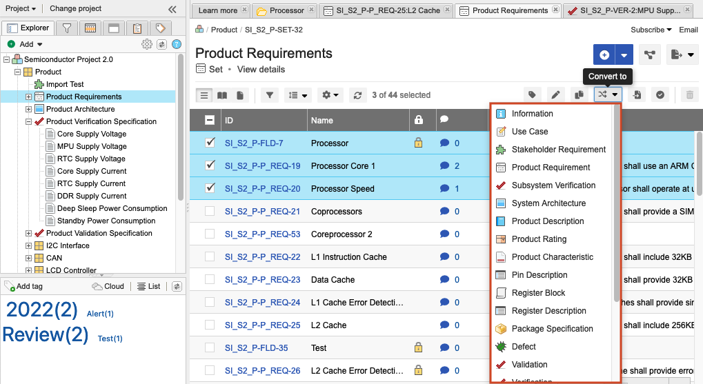 List View displays selected items and Convert to option is highlighted in the Actions pull-down menu.