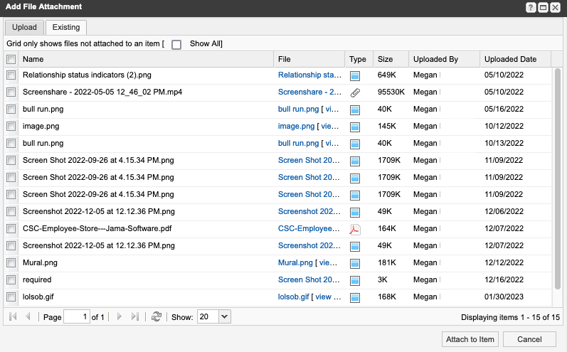 Existing tab in Add File Attachment window displays current attachments.