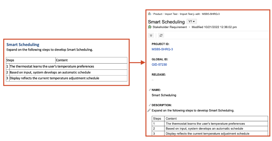 Example table and how it looks in the center details panel after import.