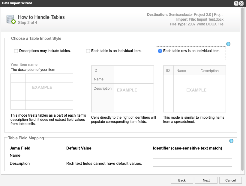 Data Import Wizard page 2 of 4: Handling Tables.